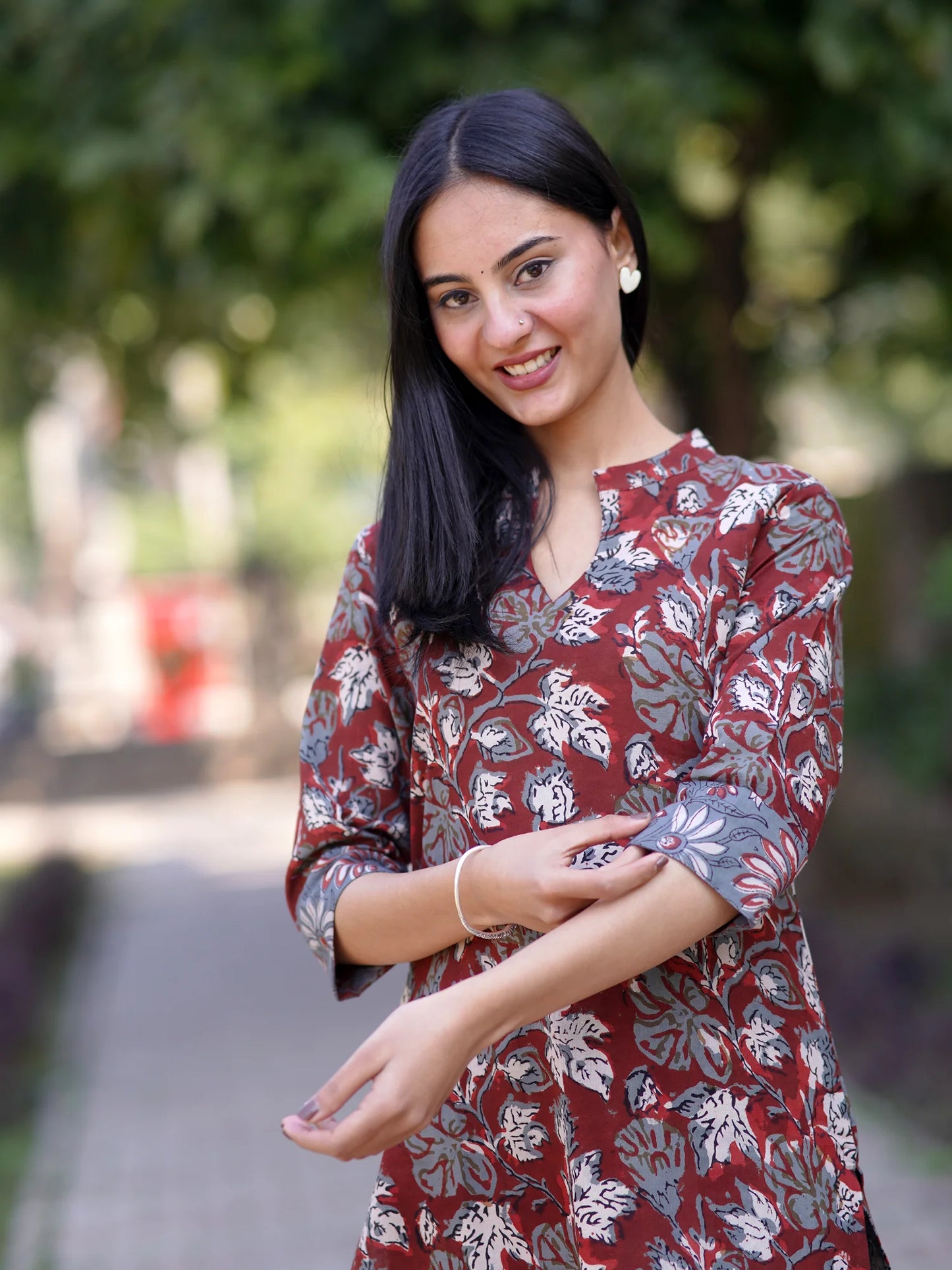 Maroon Leafy Block Printed Cotton Kurta