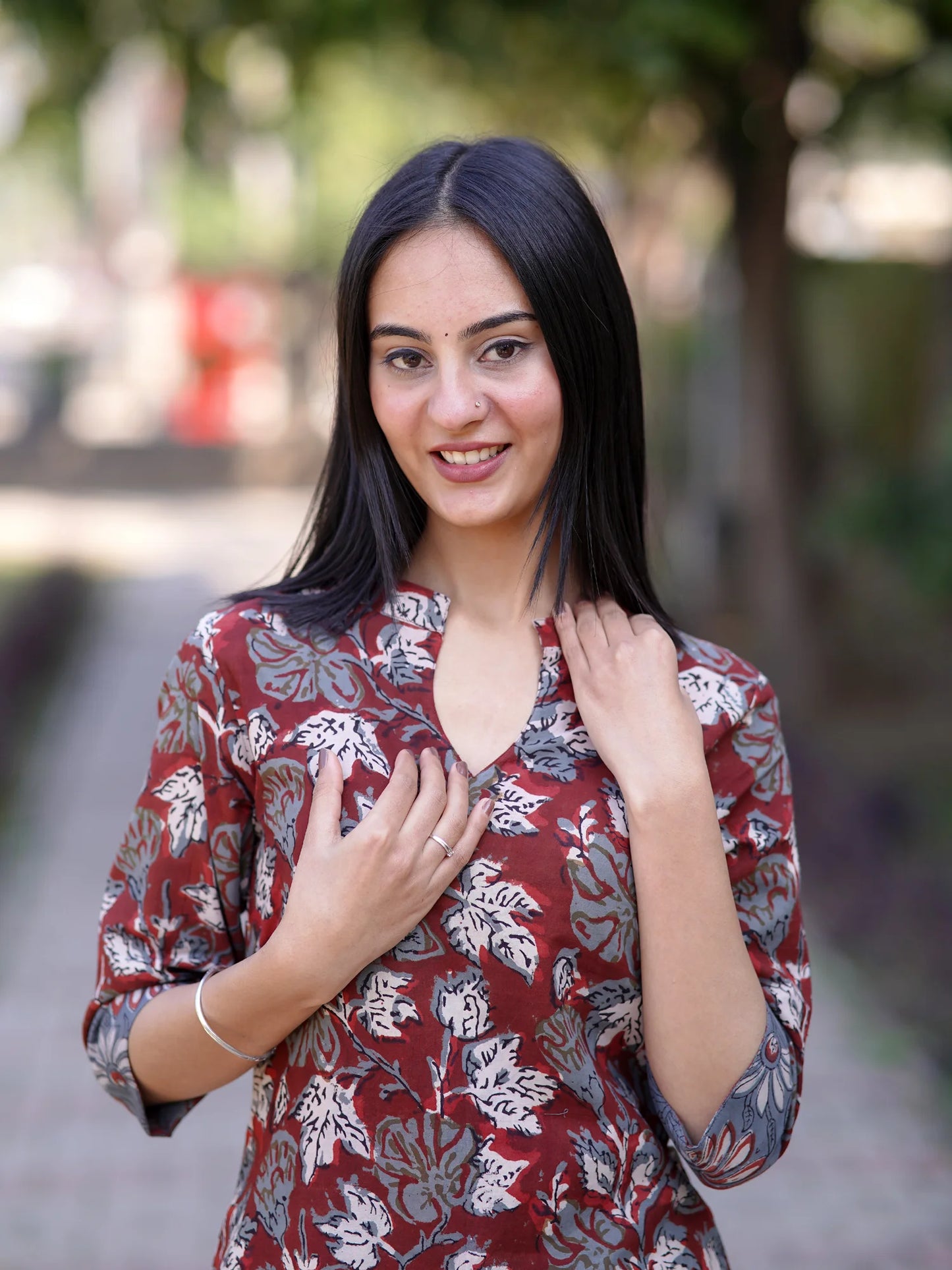 Maroon Leafy Block Printed Cotton Kurta