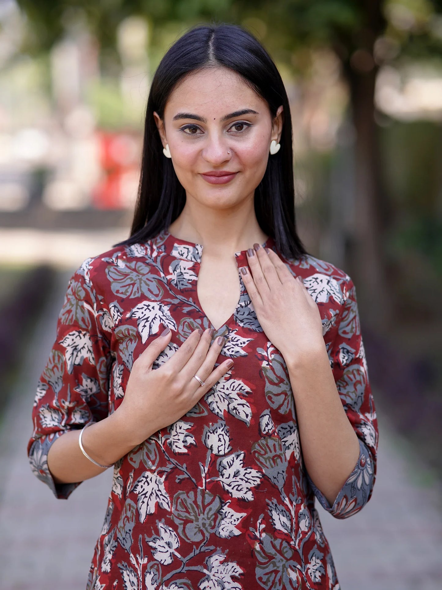 Maroon Leafy Block Printed Cotton Kurta