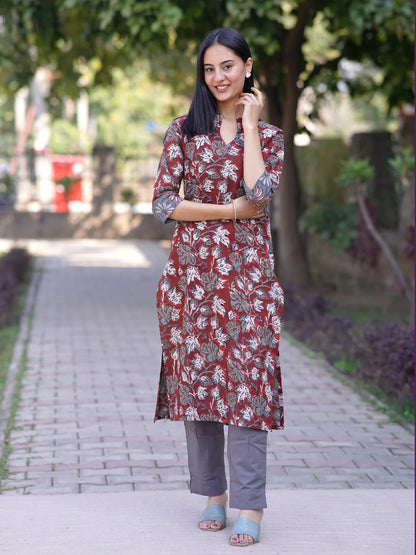 Maroon Leafy Block Printed Cotton Kurta