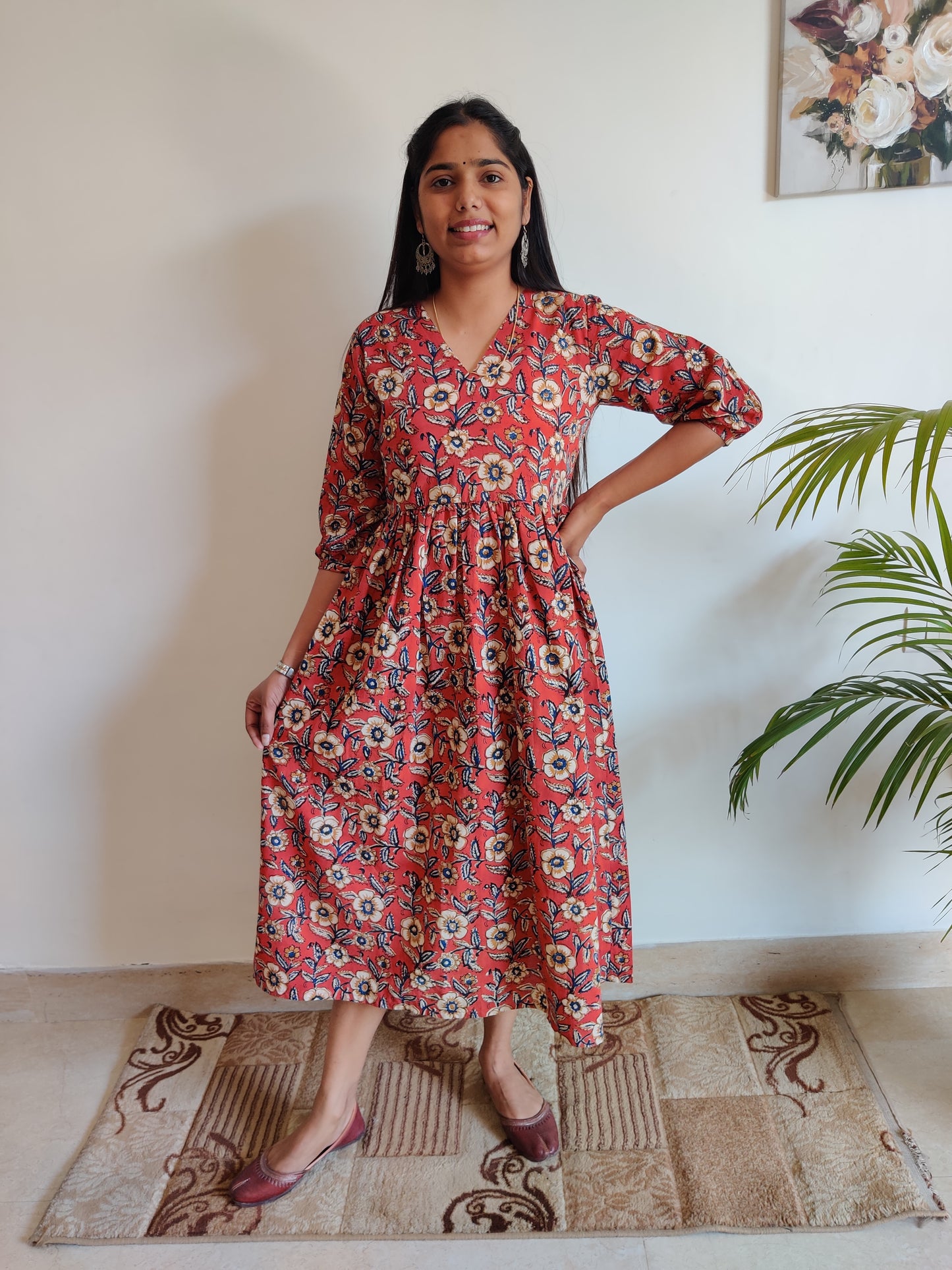 Maroon and Sandal Floral Hand Block Printed Dress