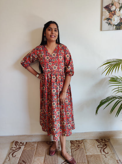 Maroon and Sandal Floral Hand Block Printed Dress