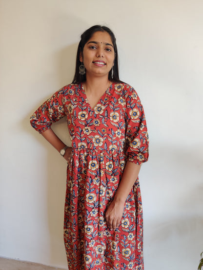 Maroon and Sandal Floral Hand Block Printed Dress