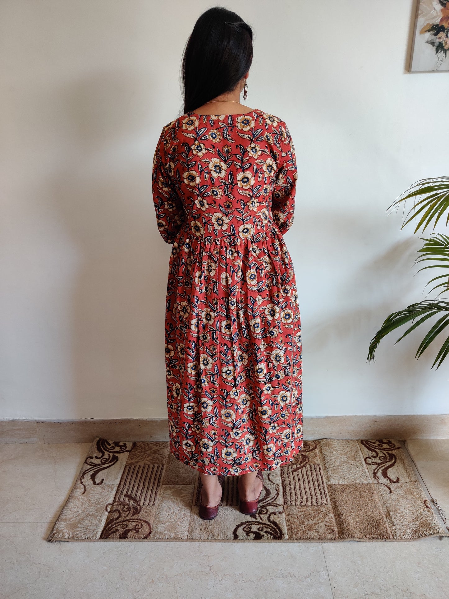 Maroon and Sandal Floral Hand Block Printed Dress