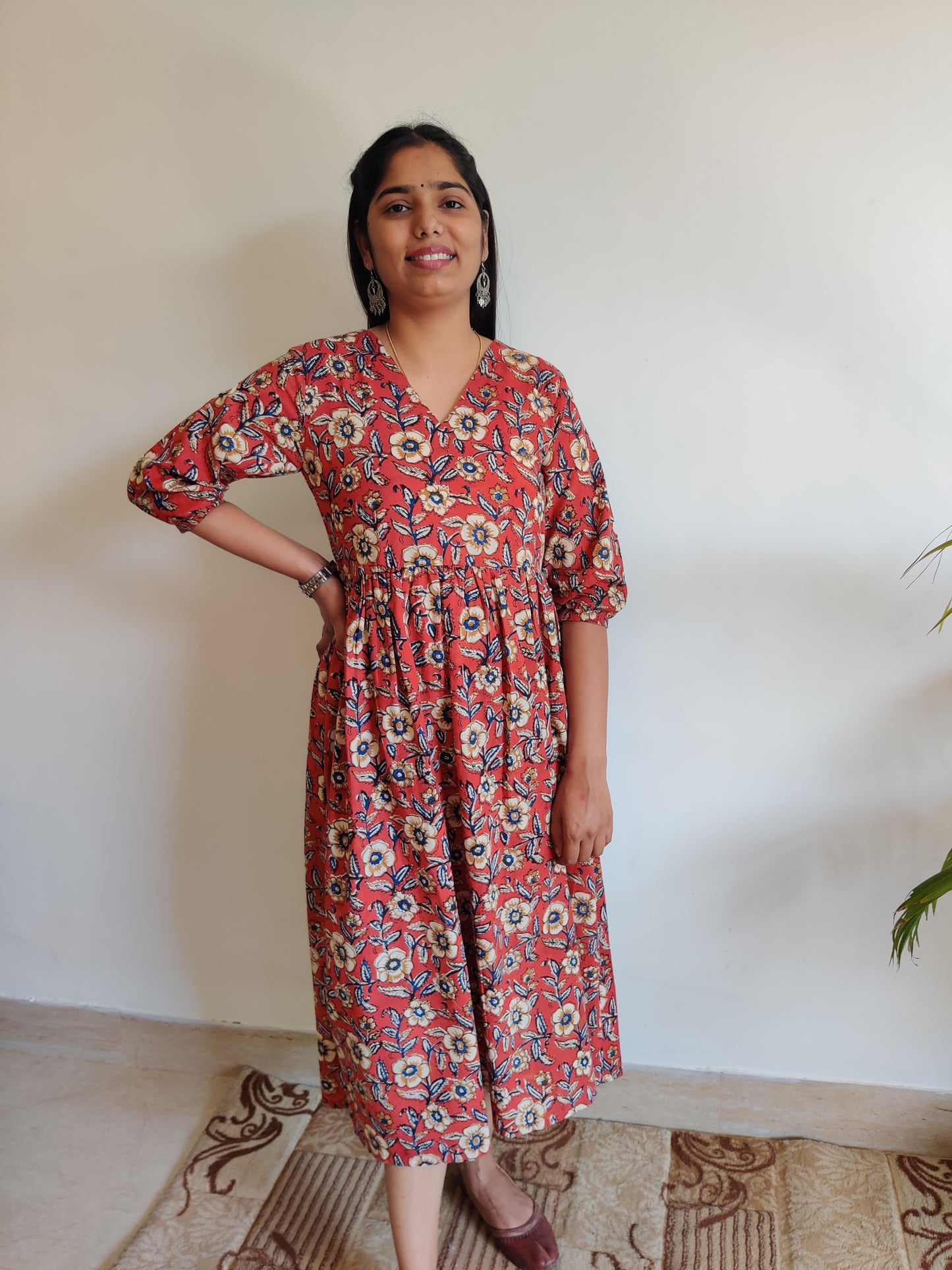 Maroon and Sandal Floral Hand Block Printed Dress