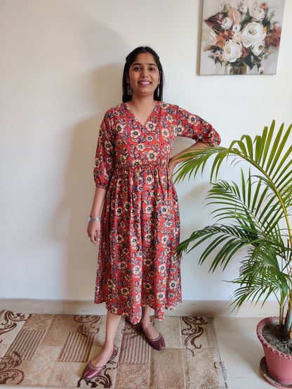 Maroon and Sandal Floral Hand Block Printed Dress