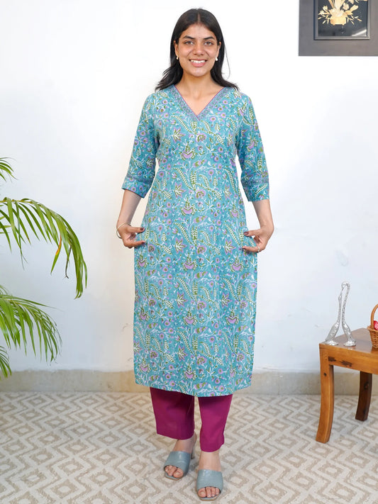 Maximum Blue Floral Block Printed COTTON Kurta
