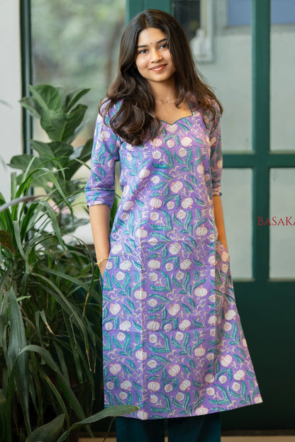 Medium Purple Floral Block Printed COTTON Kurta