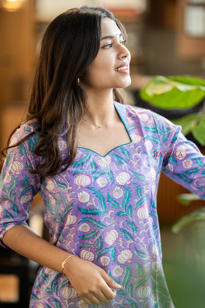 Medium Purple Floral Block Printed COTTON Kurta