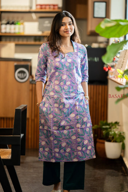 Medium Purple Floral Block Printed COTTON Kurta