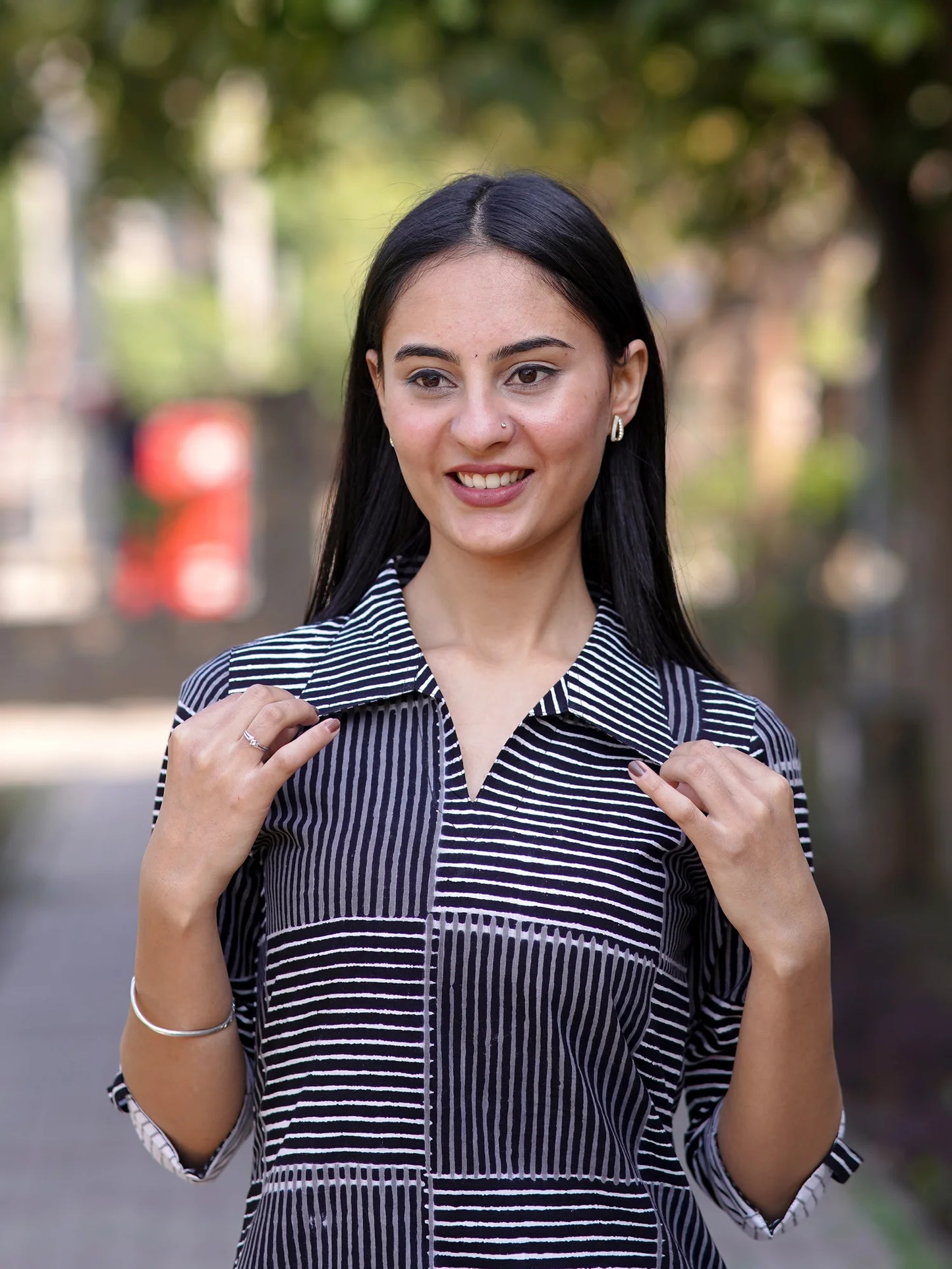 Midnight Black Striped Shirt Collar Kurta