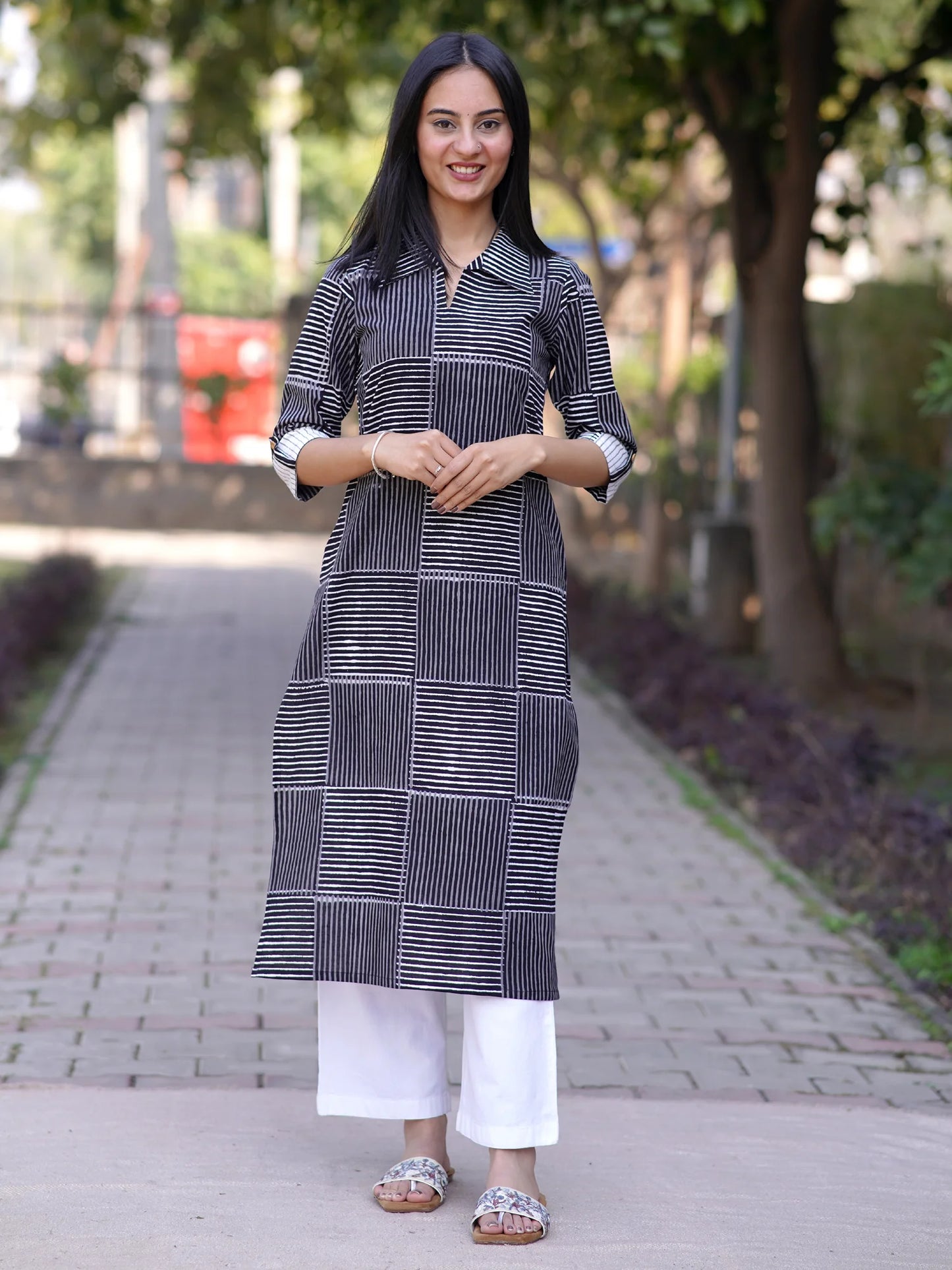 Midnight Black Striped Shirt Collar Kurta