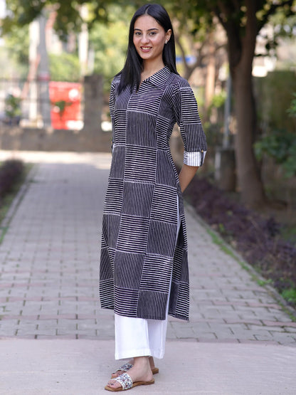 Midnight Black Striped Shirt Collar Kurta