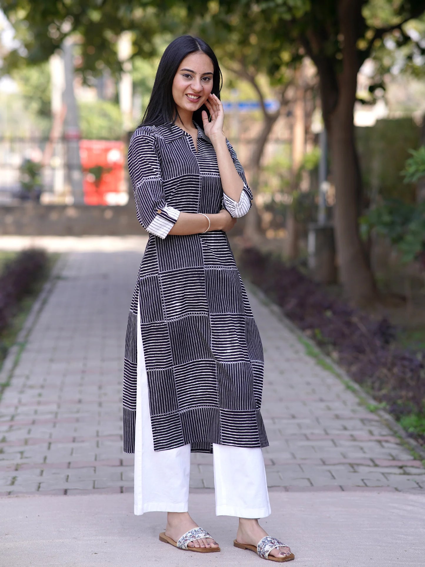 Midnight Black Striped Shirt Collar Kurta