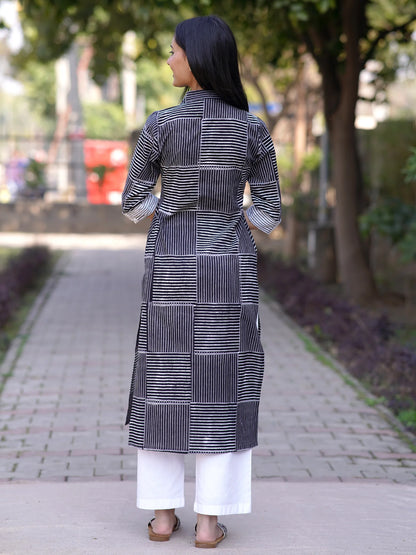 Midnight Black Striped Shirt Collar Kurta