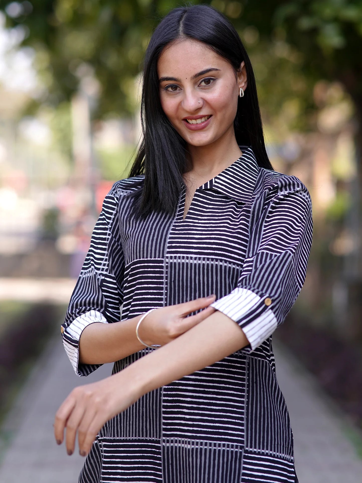 Midnight Black Striped Shirt Collar Kurta