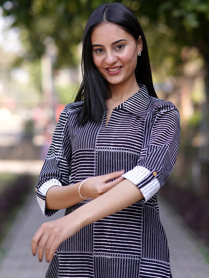 Midnight Black Striped Shirt Collar Kurta