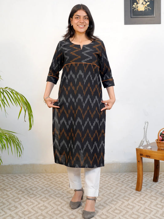 Midnight Black Zigzag IKKAT Handloom COTTON Kurta