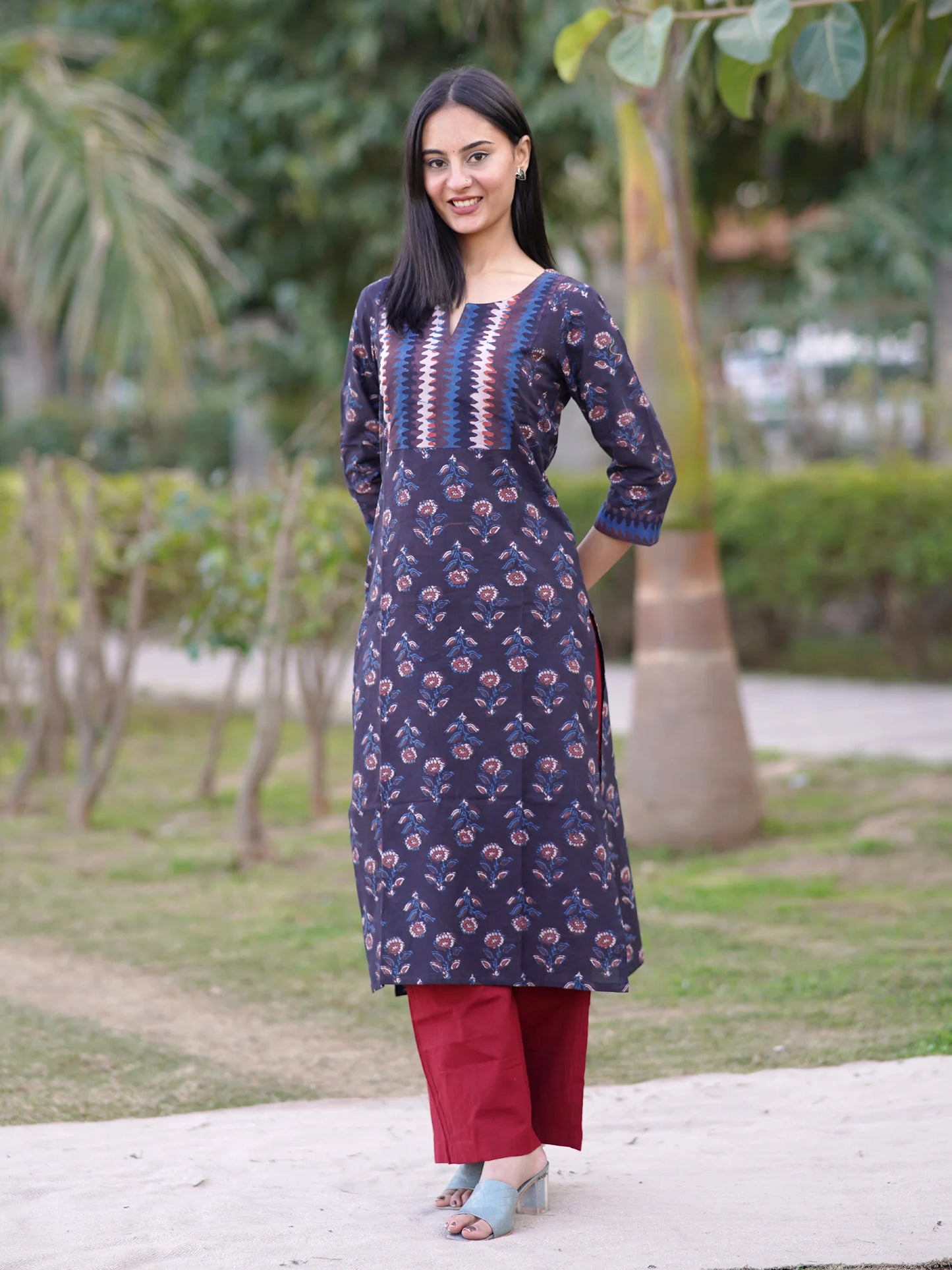 Ajrakh Midnight Blue Floral Block Printed COTTON Kurta