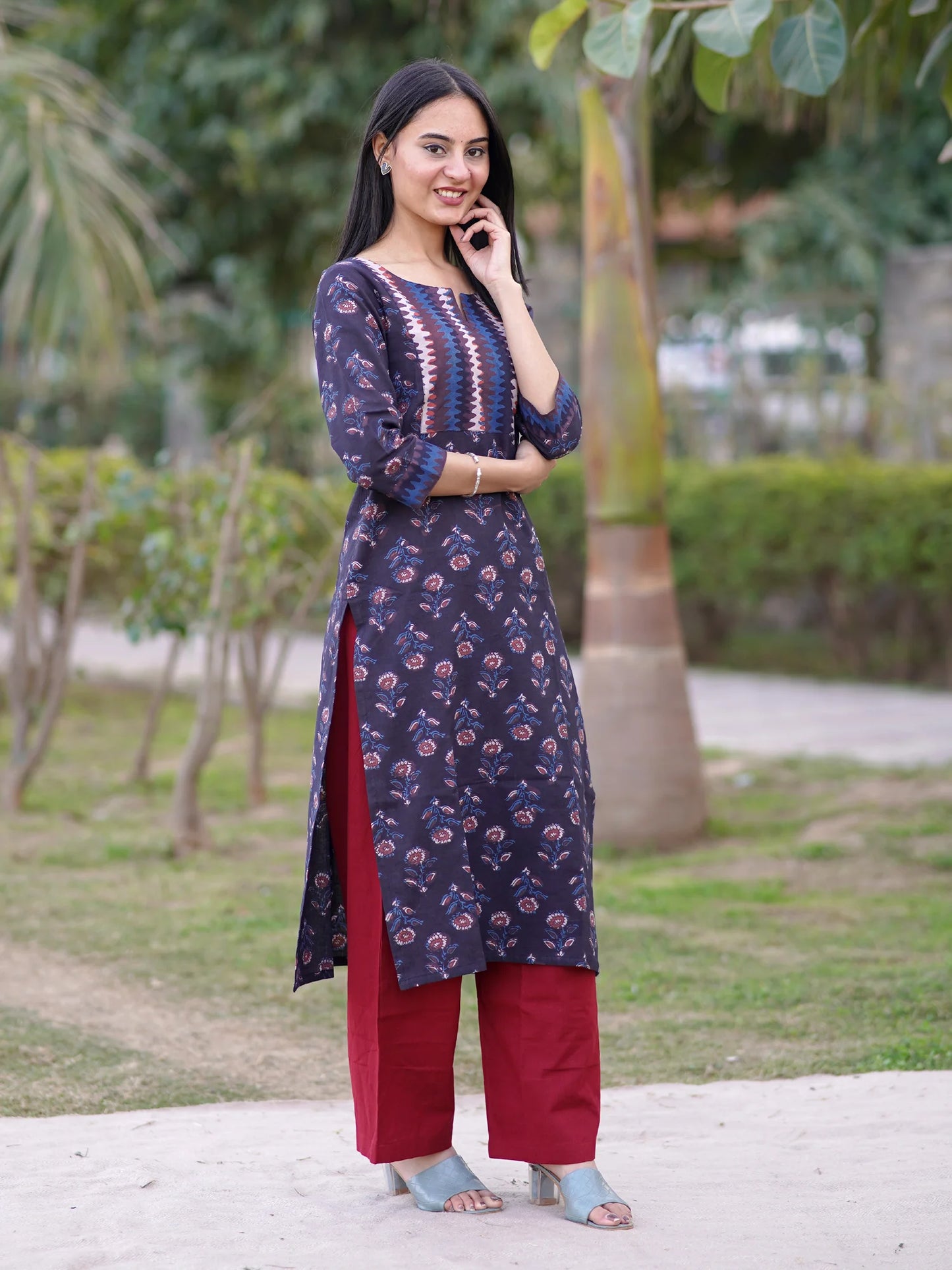 Ajrakh Midnight Blue Floral Block Printed COTTON Kurta