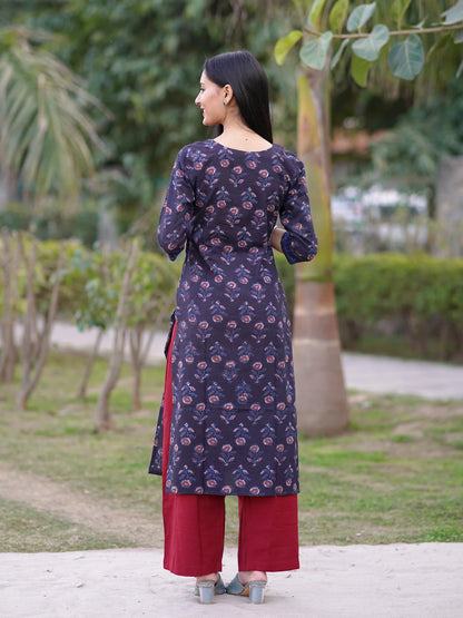 Ajrakh Midnight Blue Floral Block Printed COTTON Kurta