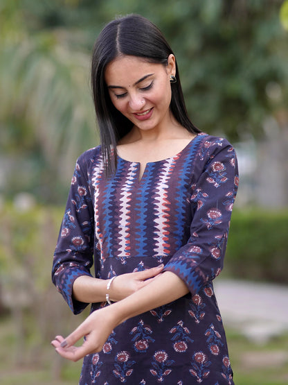 Ajrakh Midnight Blue Floral Block Printed COTTON Kurta