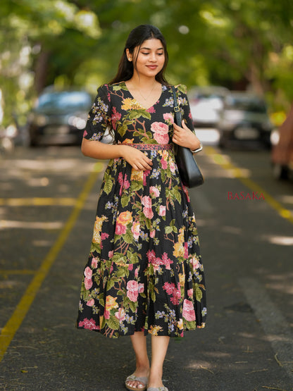 Midnight Botanical Dream COTTON Tiered Dress