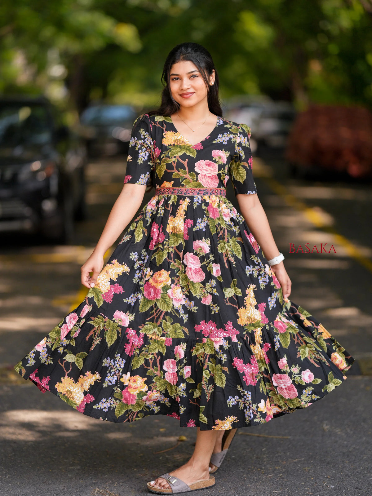 Midnight Botanical Dream COTTON Tiered Dress