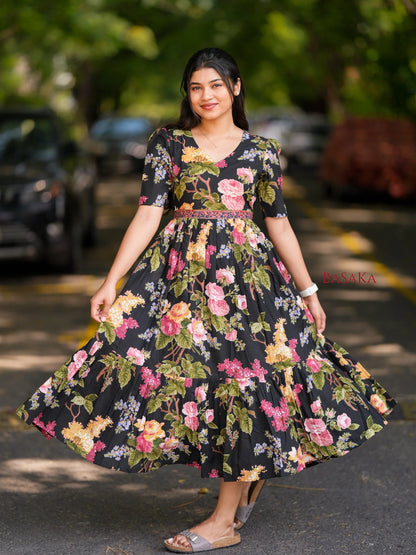 Midnight Botanical Dream COTTON Tiered Dress