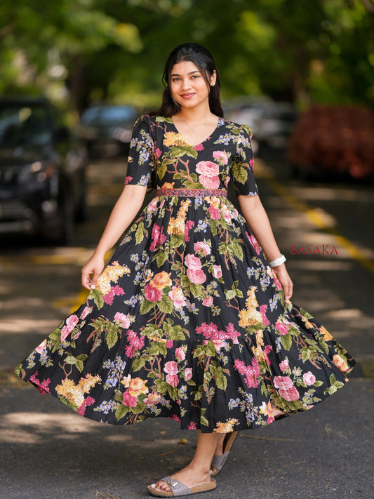 Midnight Botanical Dream COTTON Tiered Dress