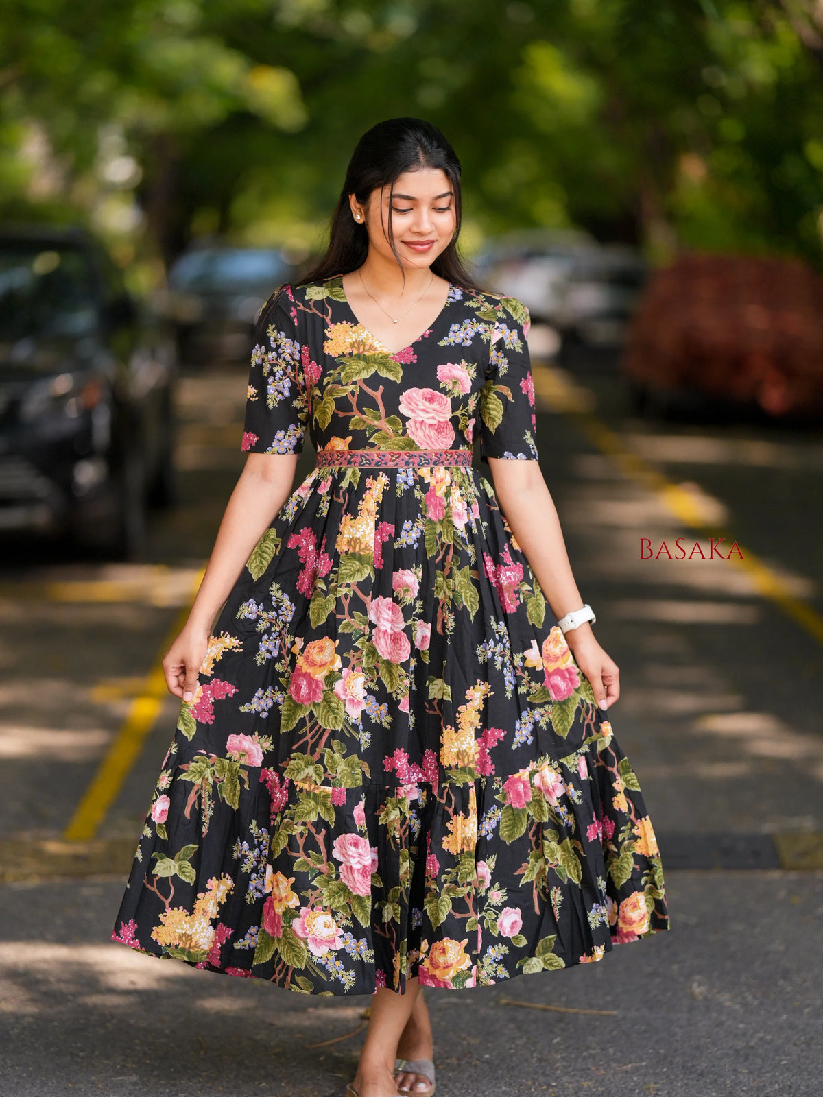 Midnight Botanical Dream COTTON Tiered Dress