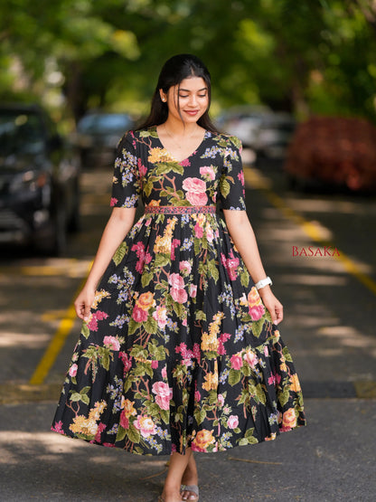Midnight Botanical Dream COTTON Tiered Dress
