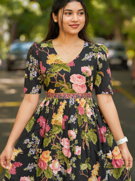 Midnight Botanical Dream COTTON Tiered Dress