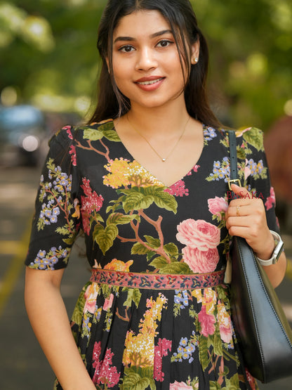 Midnight Botanical Dream COTTON Tiered Dress
