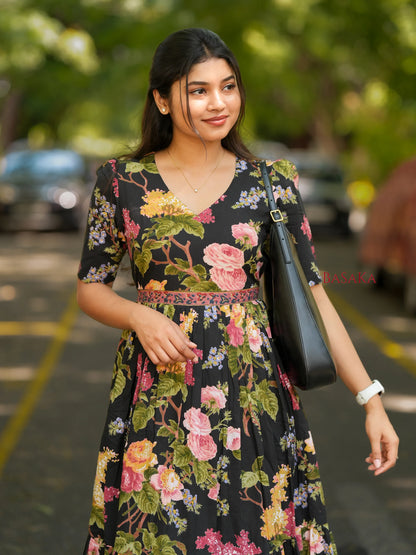 Midnight Botanical Dream COTTON Tiered Dress