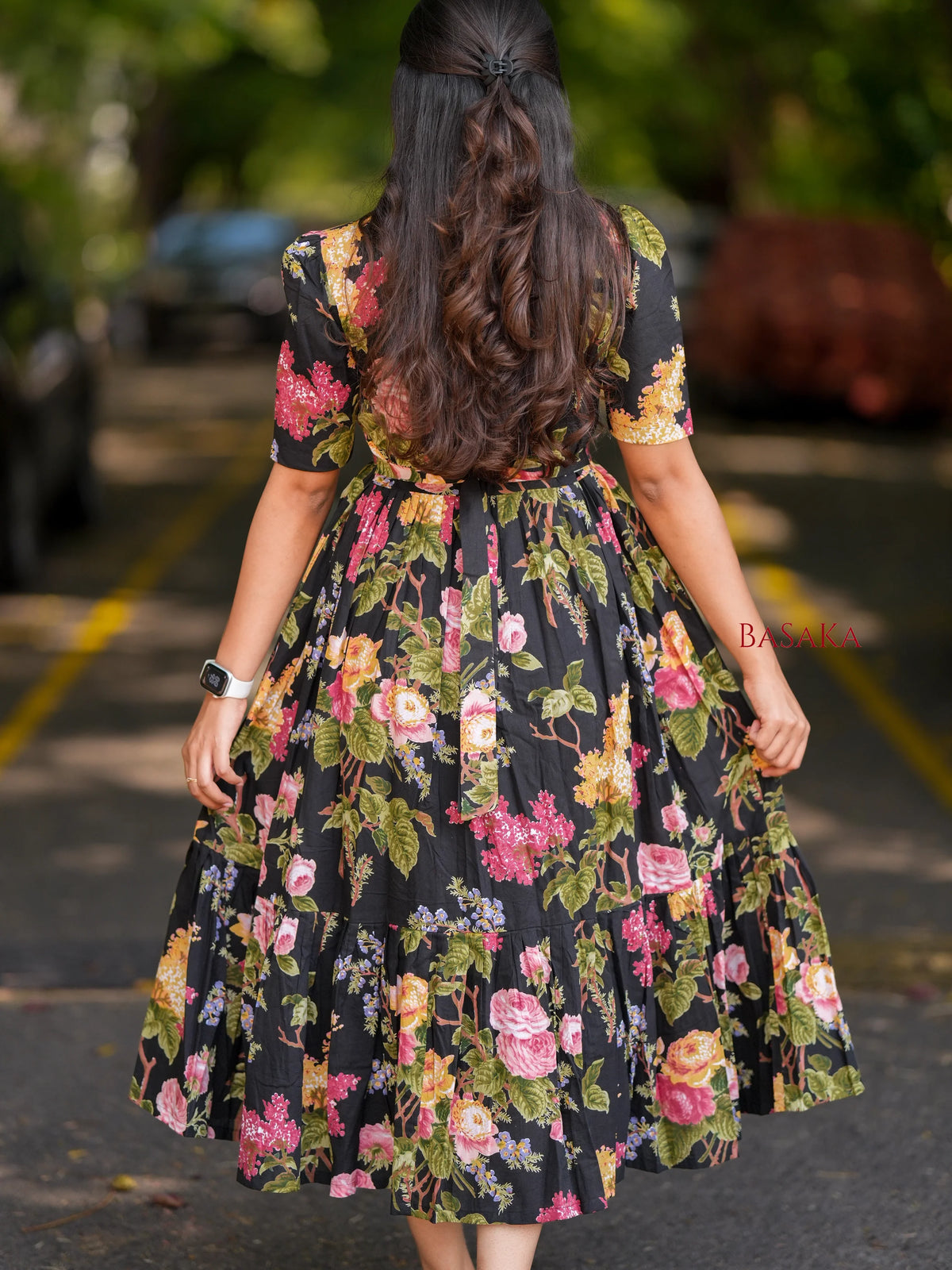 Midnight Botanical Dream COTTON Tiered Dress