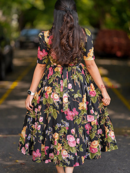 Midnight Botanical Dream COTTON Tiered Dress
