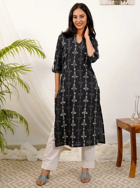 Monochrome Floral Kantha COTTON Kurta
