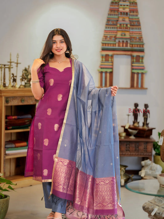 Mulberry n Grey Kora Silk Suit Set (3 Pcs) with lining