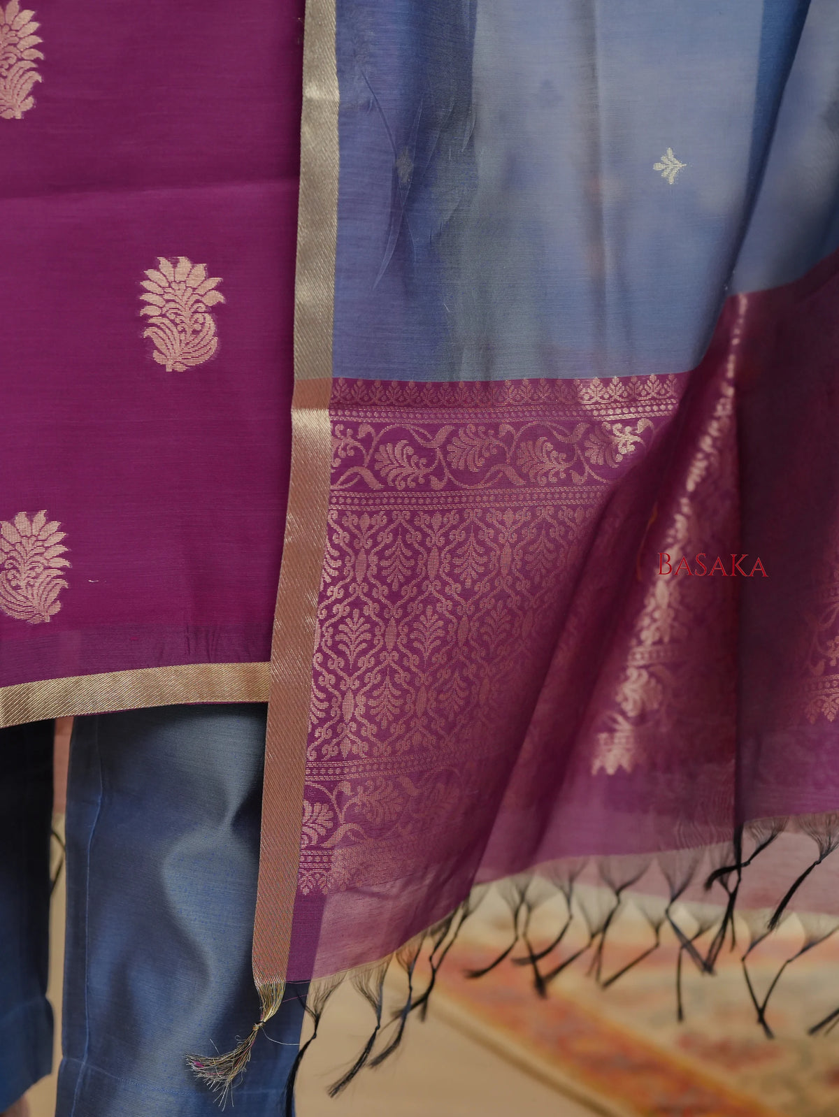 Mulberry n Grey Kora Silk Suit Set (3 Pcs) with lining