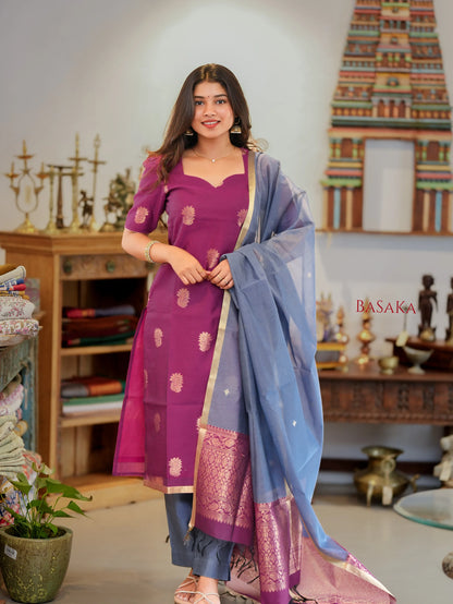 Mulberry n Grey Kora Silk Suit Set (3 Pcs) with lining