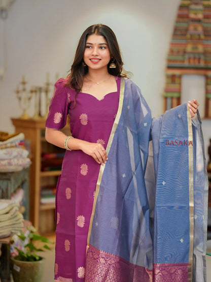 Mulberry n Grey Kora Silk Suit Set (3 Pcs) with lining