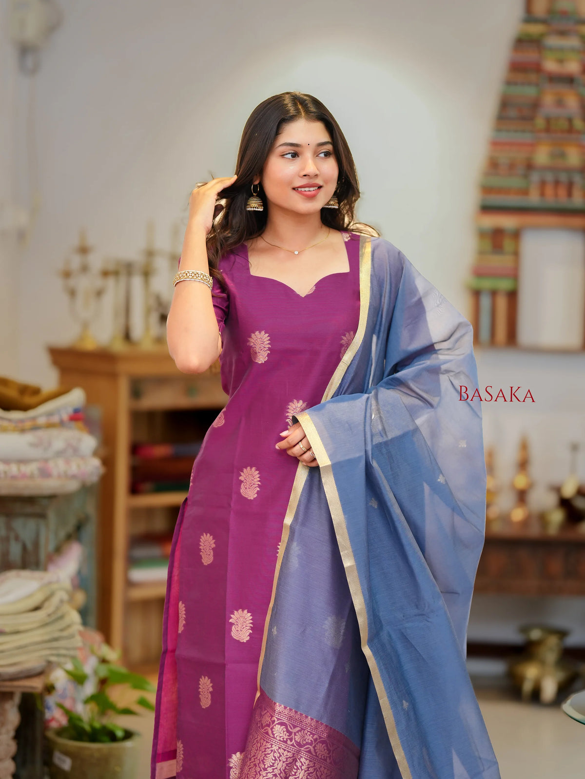 Mulberry n Grey Kora Silk Suit Set (3 Pcs) with lining