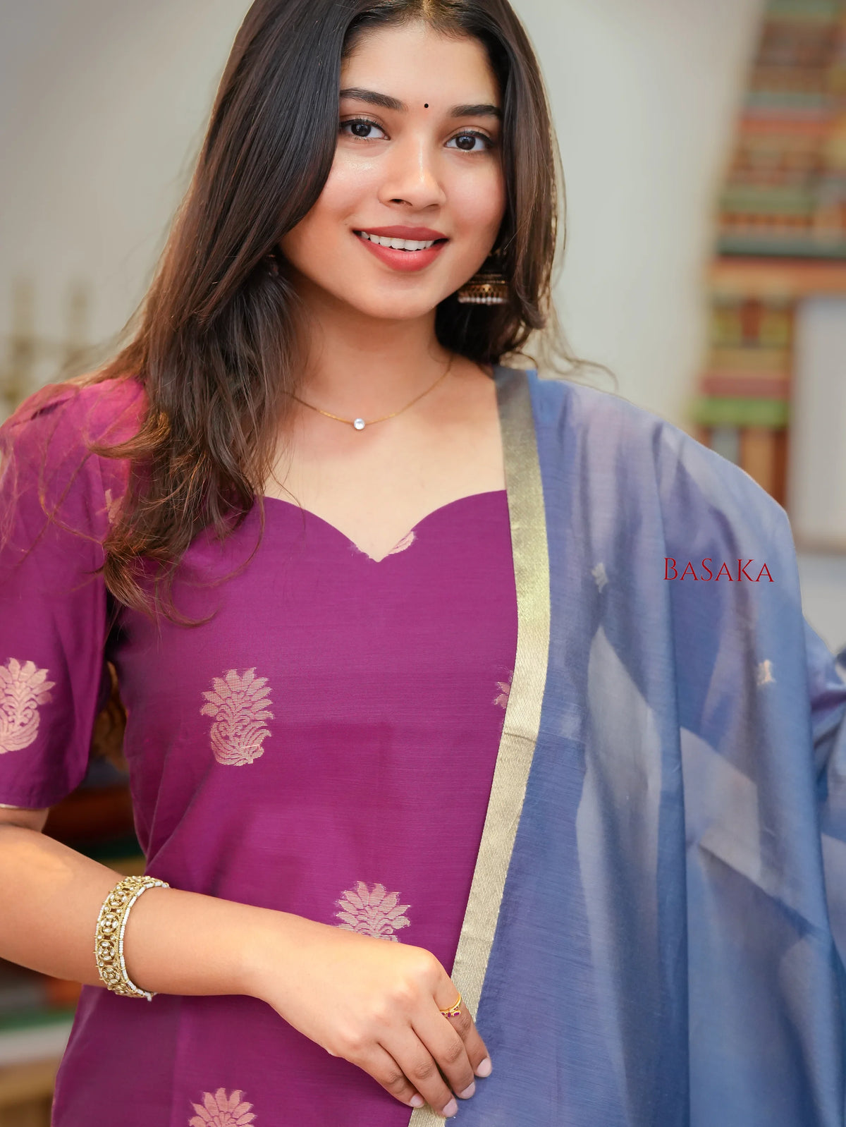 Mulberry n Grey Kora Silk Suit Set (3 Pcs) with lining