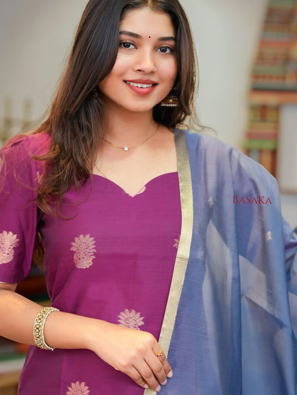 Mulberry n Grey Kora Silk Suit Set (3 Pcs) with lining