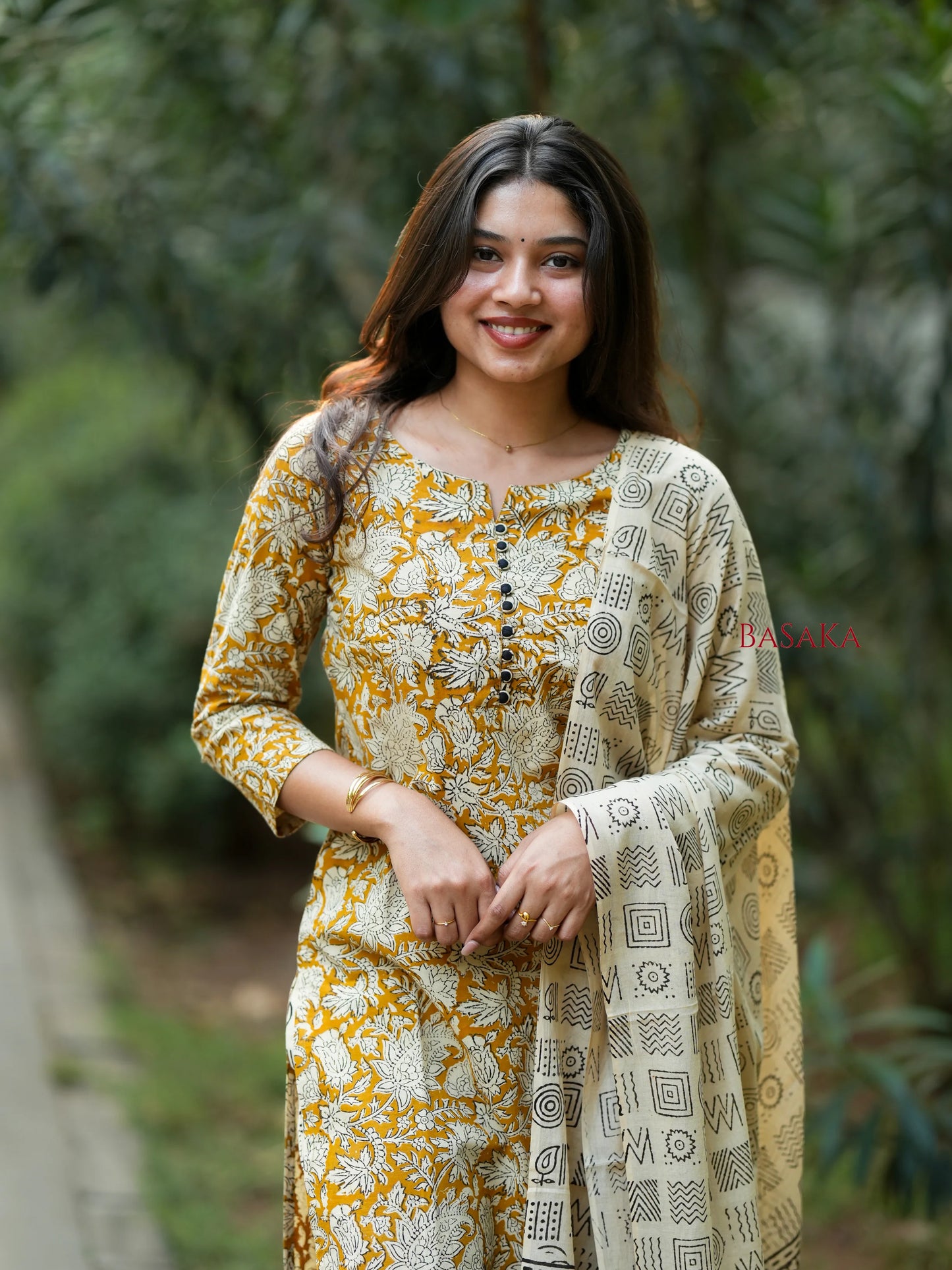 Mustard Yellow Floral Block Printed Suit Set (3 pcs.)