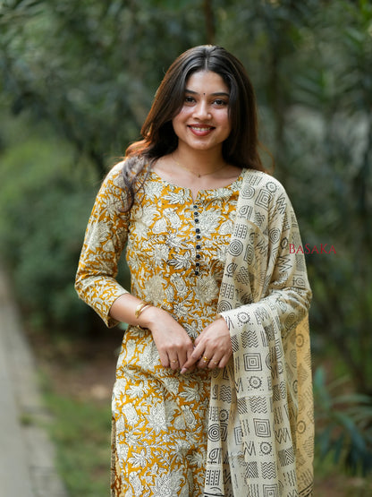 Mustard Yellow Floral Block Printed Suit Set (3 pcs.)