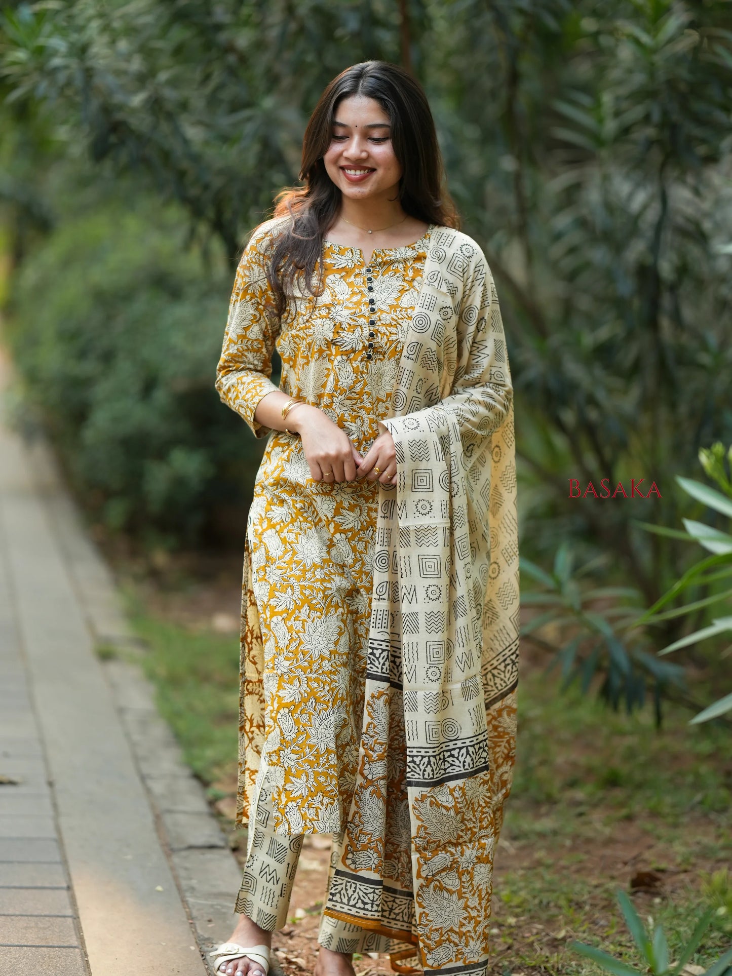 Mustard Yellow Floral Block Printed Suit Set (3 pcs.)