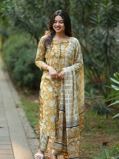 Mustard Yellow Floral Block Printed Suit Set (3 pcs.)