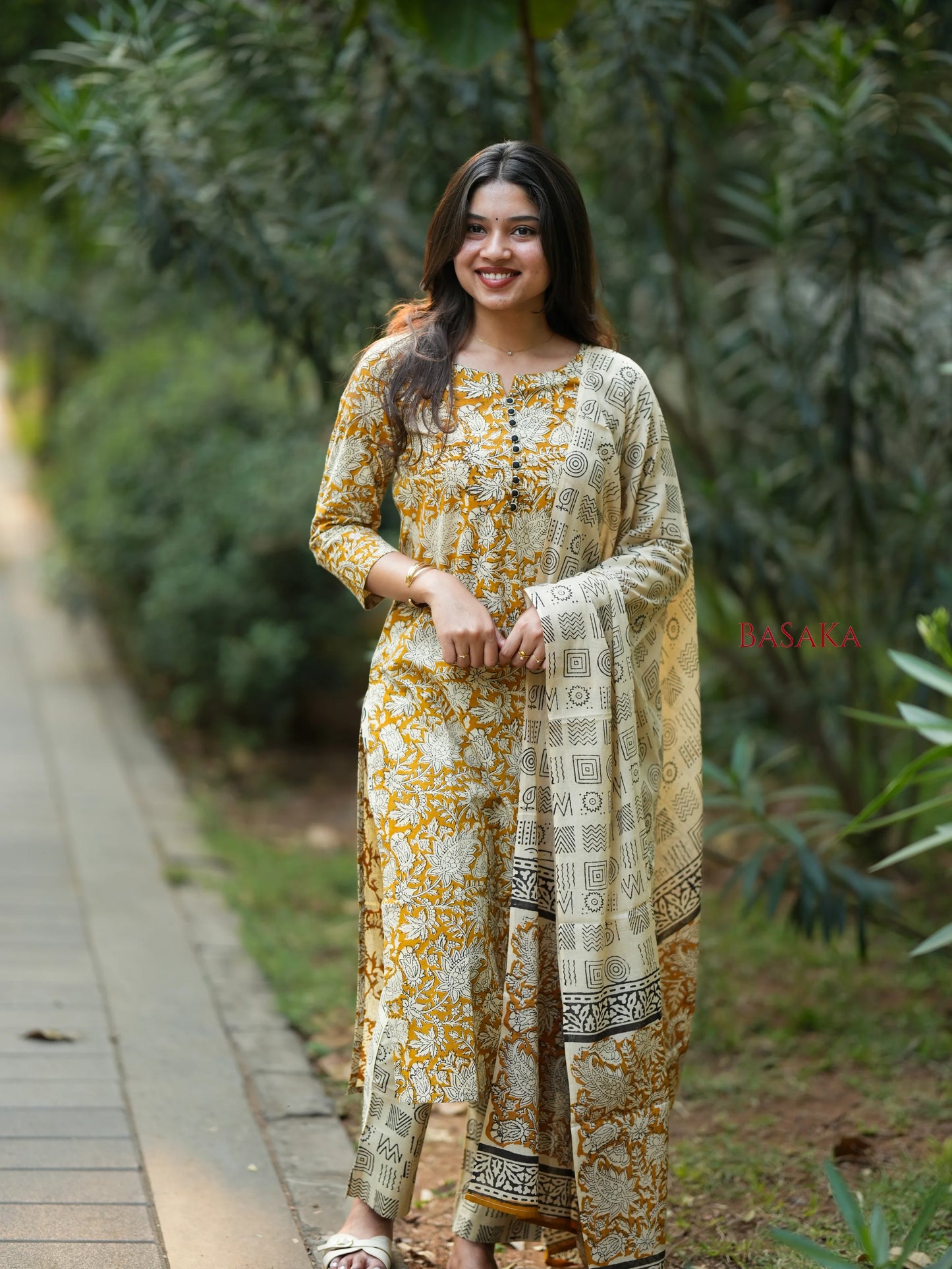 Mustard Yellow Floral Block Printed Suit Set (3 pcs.)